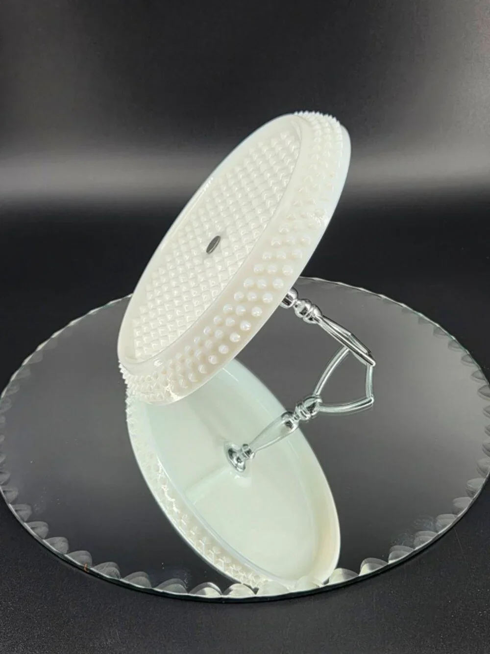 Fenton White Milk Glass Hobnail Divided Condiment Tray Silver Handle Mid Century